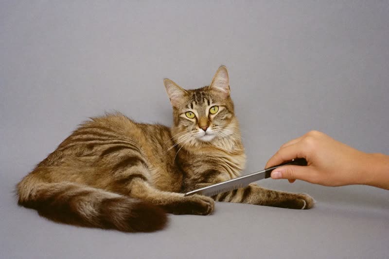 A long haired cat being combed through