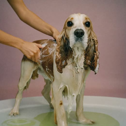 A spaniel being bathed and lathered in a grooming bath