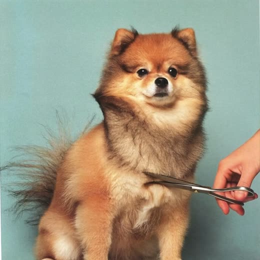 A fluffy white dog having its coat scissor-trimmed